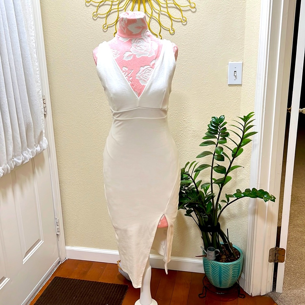 White open back with slit in front dress